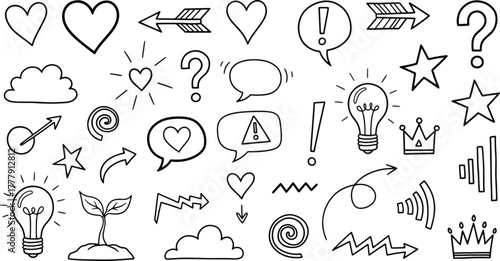Hand drawn doodle elements set of sketch symbols, signs, and icons for design use