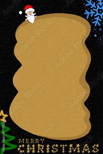 A festive Christmas frame with a golden scroll background, Santa peeking from the top, blue snowflakes, a green Christmas tree, and the words "Merry Christmas" spelled out in gold stars.