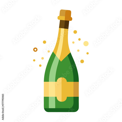 A festive green bottle of champagne with gold accents and celebratory bubbles erupting