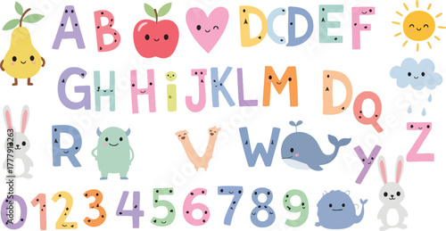 Cute alphabet with cartoon animals and objects for kids learning