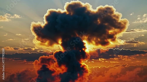 Massive mushroom cloud explosion erupting into dramatic sunset sky with sun rays piercing through dark smoke and fiery orange clouds