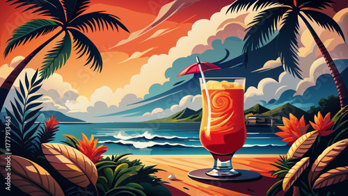 Very beautiful vibrant studio image of the classic Hurricane cocktail, showcasing its bold tropical colors in the signature curved glass, garnished with fruit slices against a clean background.