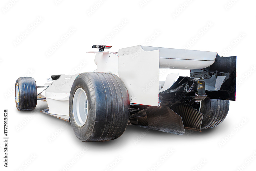 Obraz premium Side view of a white and black Formula 1 car, showcasing aerodynamic design features like wings, flaps, and sidepods Shadowy with realistic lighting, likely for educational or promotional purposes i