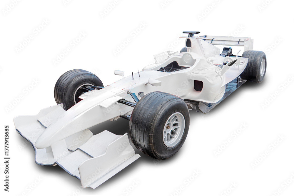 Naklejka premium White Formula One car with aerodynamic bodywork and black tires, displayed against a neutral background in professional studio lighting