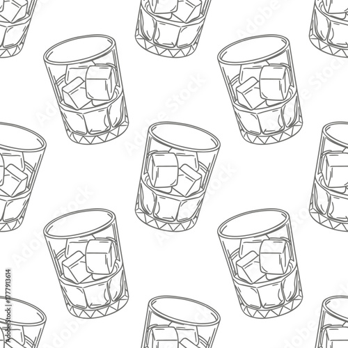 Seamless pattern of hand drawn whiskey glasses with ice cubes.