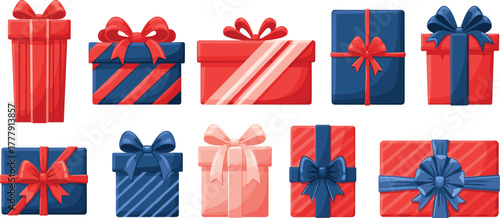 Festive Gift Box Collection with Ribbons, Stripes, and Solid Colors in Red, Blue, and Pink for Celebrations and Holidays
