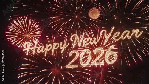 Happy New Year 2026 sparkling text illuminated by vibrant exploding fireworks display in dark night sky celebratory festive event