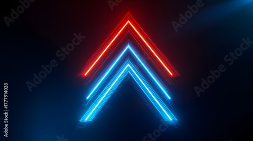 Two stacked neon arrows, one blue below and one red above, pointing upwards in a dark, glowing environment, symbolizing ascent