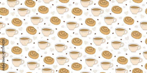 A cup of coffee and a sweet cinnamon bun. Seamless pattern. Colored drawing, doodle. Delicious pastry, sweet snack. Hand-drawn element for cafes, menus, and recipes. Coffee bean. Repeating background.