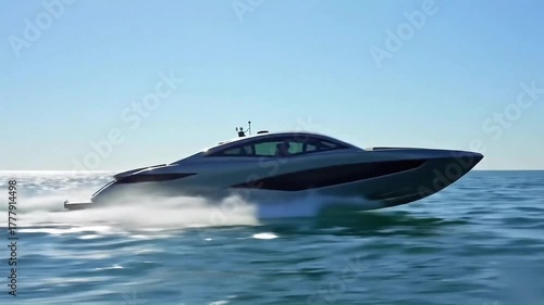 Sleek, modern luxury yacht speeding across the ocean on a clear sunny day creating a white wake behind it