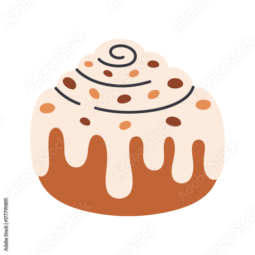 Cute cinnamon roll with sugar glaze and chocolate. Swirl cinnamon  bun. Hand drawn vector illustration