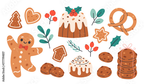 Cute festive Christmas pastry collection with cookies, gingerbread man, cinnamon bun, fruit chocolate pudding, pretzel. Winter holiday sweets. Flat vector illustration