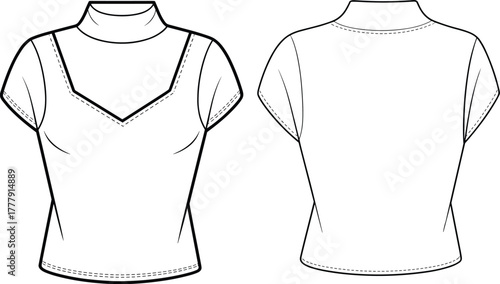 Stylish women turtleneck top, short sleeve fashion blouse, trendy apparel flat technical vector illustration design