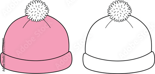 Cute winter pom pom beanie hat, warm knitted cap design, cozy fashion flat vector illustration