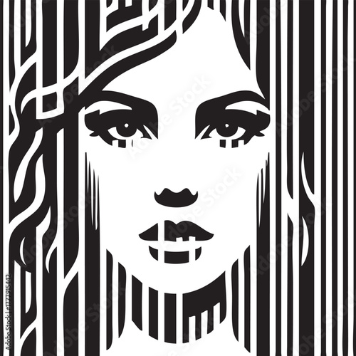 Op-art portrait of a woman's face. Vector illustration. Optical illusion.
