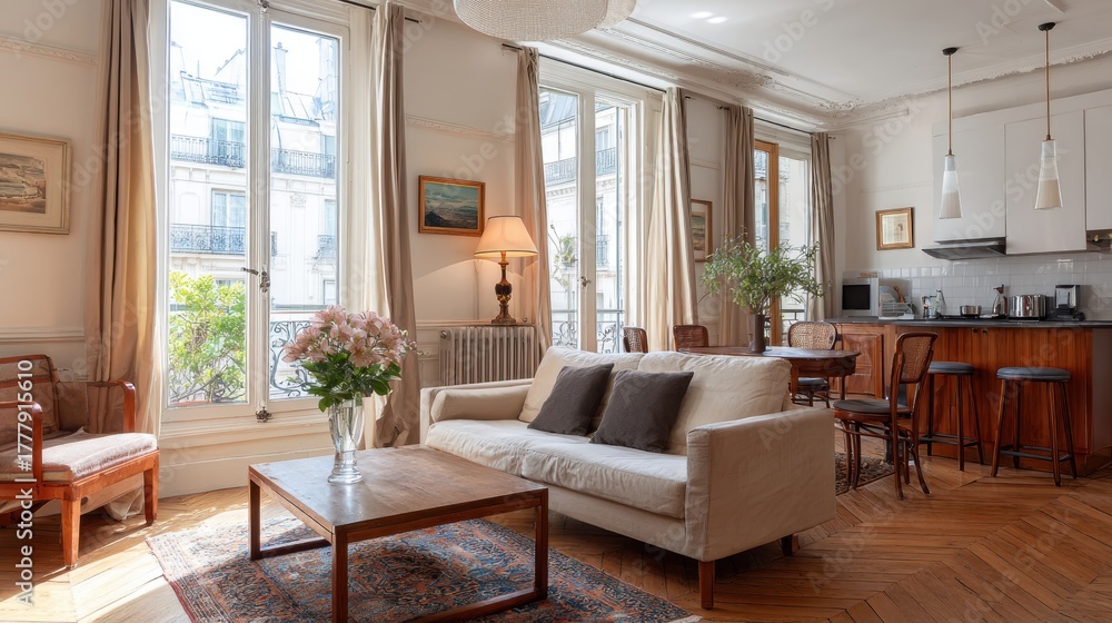 Fototapeta premium Elegant and bright living room with natural light and wooden flooring