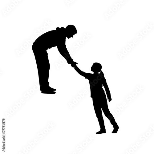 Silhouette of adult helping child holding hands isolated on transparent background