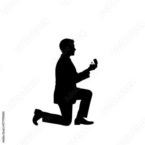 Marriage Proposal Silhouette on Transparent Background - Romantic Kneeling Figure with Ring Box Icon