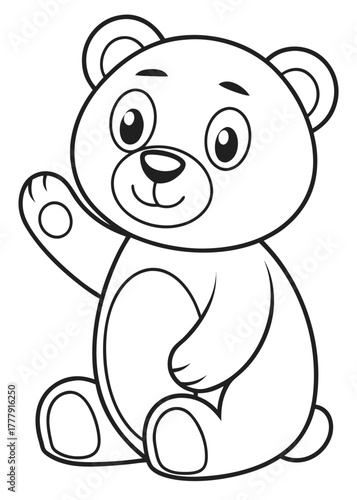 black and white cartoon illustration of a cute, plump teddy bear. It's sitting down with its left paw raised in a friendly wave.