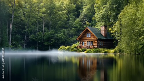 Wallpaper Mural Serene Wooden Cabin by the Tranquil Lake Surrounded by Lush Green Trees in Nature Setting Torontodigital.ca