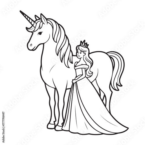 Beautiful Princess with Unicorn Coloring Page Illustration