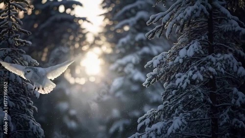 Majestic Snowy Owl Flight Through Winter Forest Scene