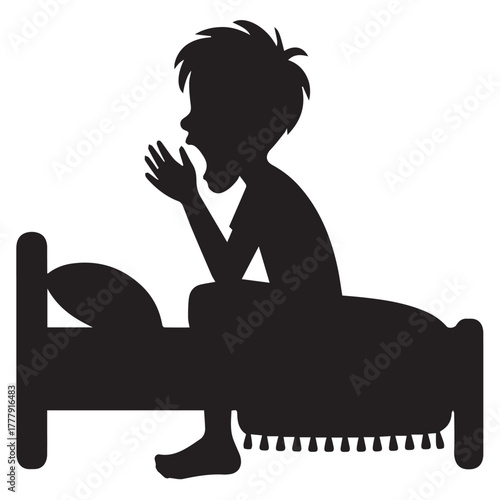 Tired child yawning silhouette waking up sitting on bed vector art