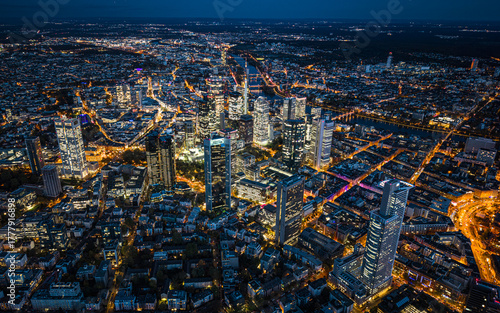High angle view of the illuminated cityscape of Frankfurt am Main during the night