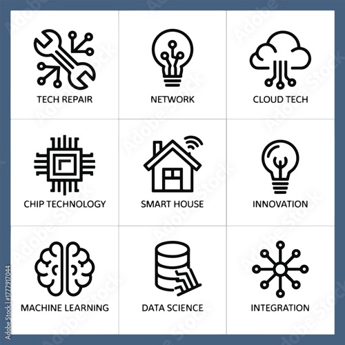 Futuristic technology icons set with AI, cloud network and data science