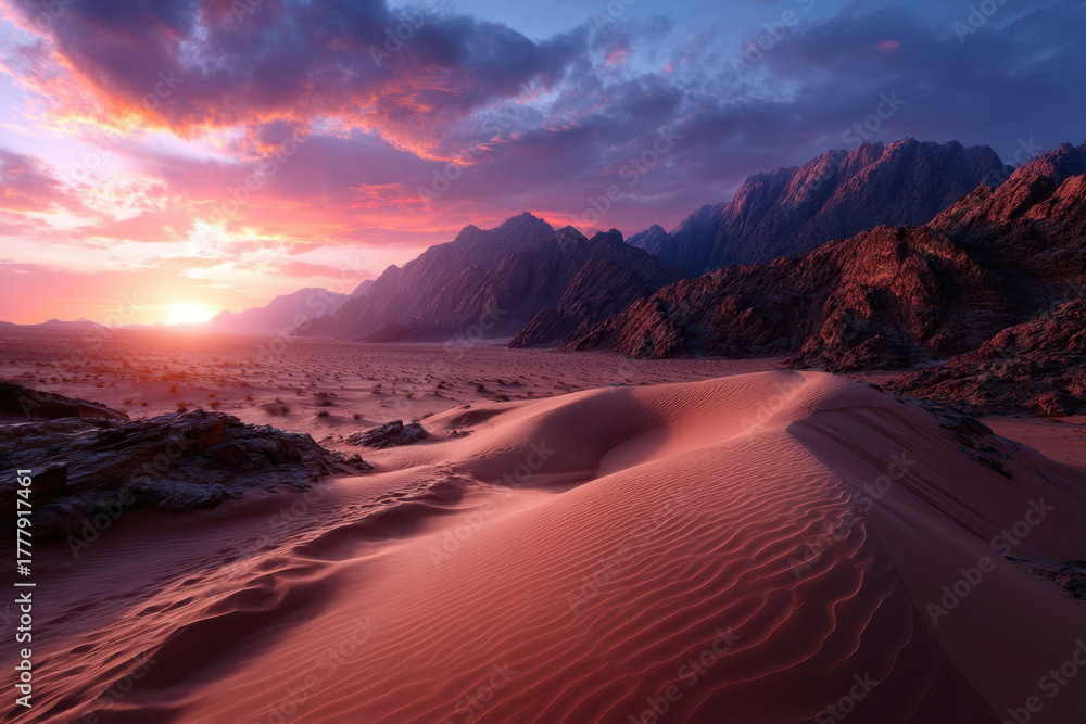 Fototapeta premium Stunning sunset over desert dunes with mountains and dramatic sky in the background