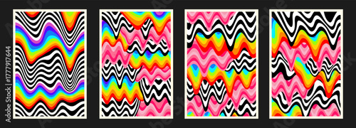 Set Of Y2k Cool Abstract Posters Vector Design. Psychedelic Wavy Rainbow Melting Textures Collection. Cool Groovy Colorful Pattern.