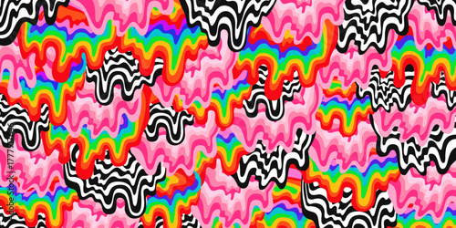 Abstract Melting Rainbow Psychedelic Pattern. Cool Y2k Dripping Colorful Background Vector Design. Groovy Art.