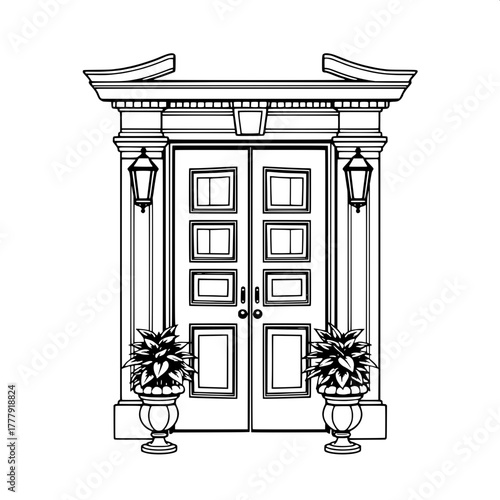 Ornate Traditional Door

A detailed yet monochrome illustration of a traditional front door with decorative moldings and six inset panels. Two elegant lanterns above planters with leafy plants. Symmet