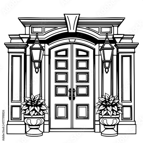 Ornate Traditional Door

A detailed yet monochrome illustration of a traditional front door with decorative moldings and six inset panels. Two elegant lanterns above planters with leafy plants. Symmet