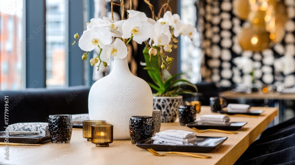 Obraz premium Lush white orchids grace a beautifully arranged dining table with black accents and soft lighting.