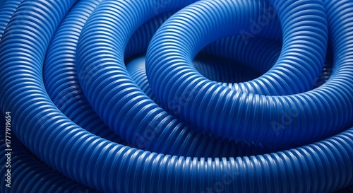 Blue Flexible Corrugated Plastic Tube Close Up Coiled in Rolls