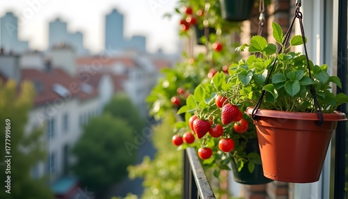 Hanging strawberry plants on a balcony with a city view, showcasing urban gardening and the beauty of nature in an urban environment