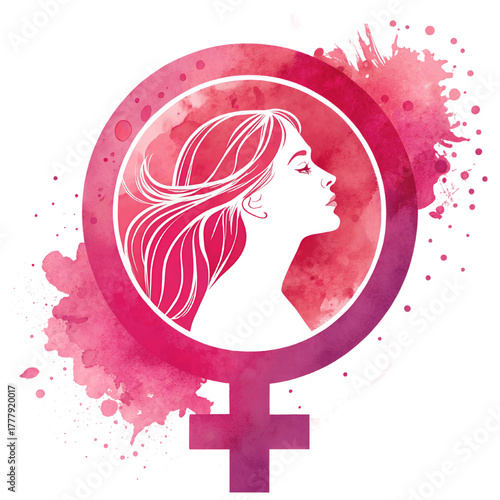 Elegant pink watercolor feminist symbol with woman silhouette celebrating International Women’s Day