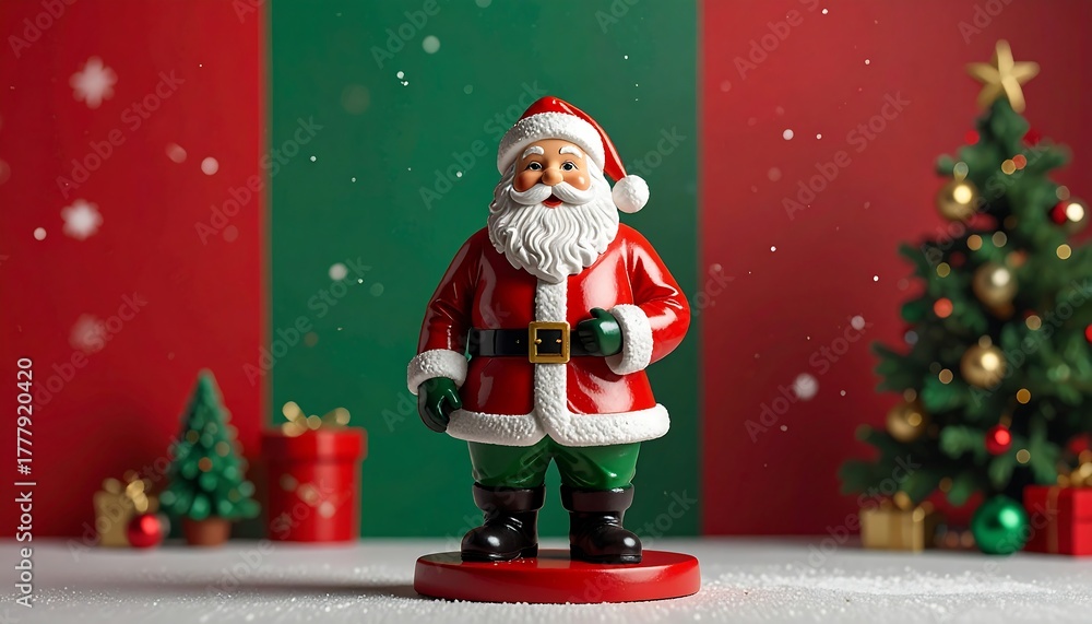 Fototapeta premium Santa figurine stands, tree present, against red and green back. Festive, holiday spirit, with falling snowflakes
