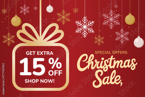 Christmas sale special offer get extra 15% off shop now with festive snowflakes and baubles on red background, vector illustration