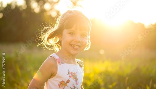 Smiling girl basks in golden hour light in a field, radiating happiness and joy in a natural setting
