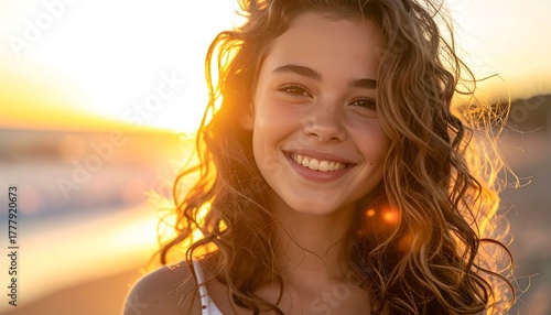 Smiling girl with sunlit curly hair, sea background, warm colors