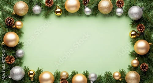 Festive gold and silver ornaments framing a green background  
