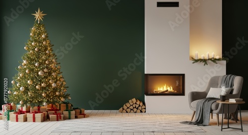 Cozy Christmas Living Room with Green Walls and Festive Decor  