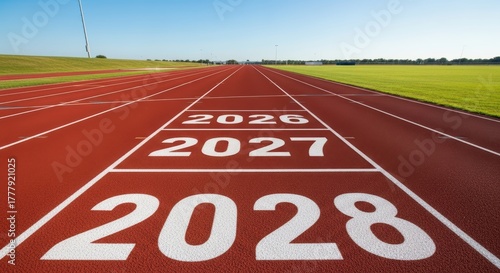 Running Track Marked with Years 2026, 2027, and 2028  
