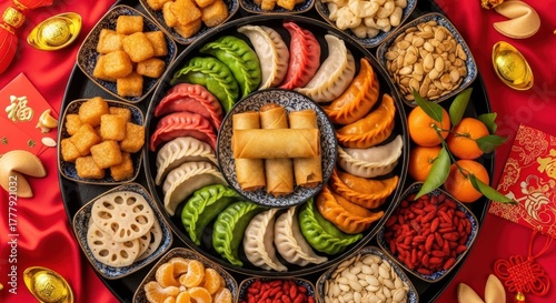 Elaborate New Year Platter of Festive Treats Against Red Background  