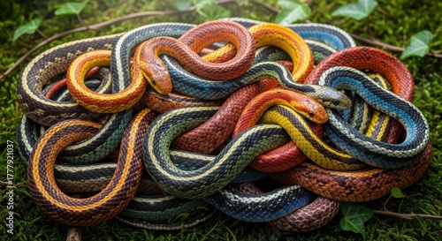 Colorful snakes intertwined in a vibrant natural setting  