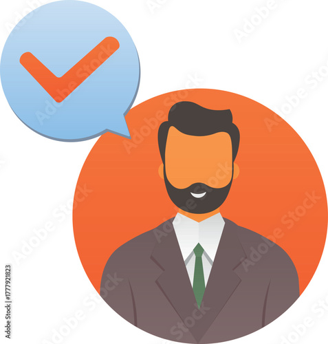 Illustration of confirmation in the form of a man with a smile and a confirmation symbol