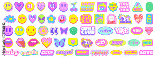 Set Of Cool Y2k Stickers Vector Design. Trendy Girl Cute Patches. Groovy Graphic Elements. Funny Funky Labels. Collection Of Pop Art Illustrations.