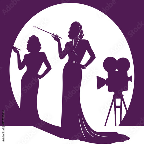 Glamorous women in evening gowns with vintage movie camera glamour fashion